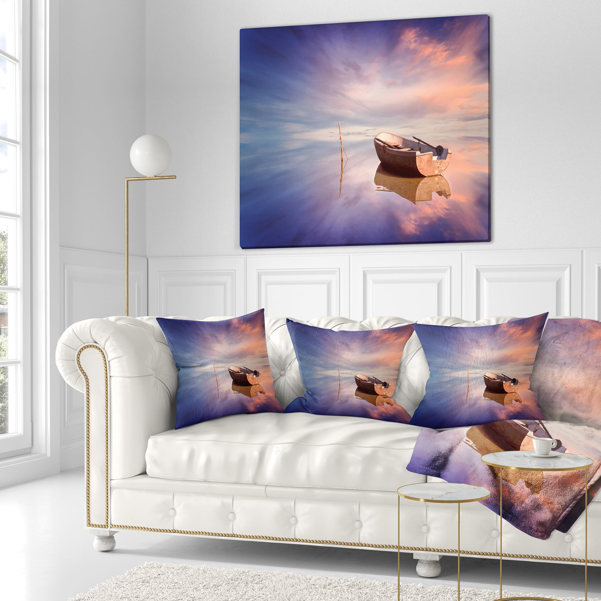 Designart Lonely Boat in Colorful Sea - Seascape Throw Pillow - 16x16