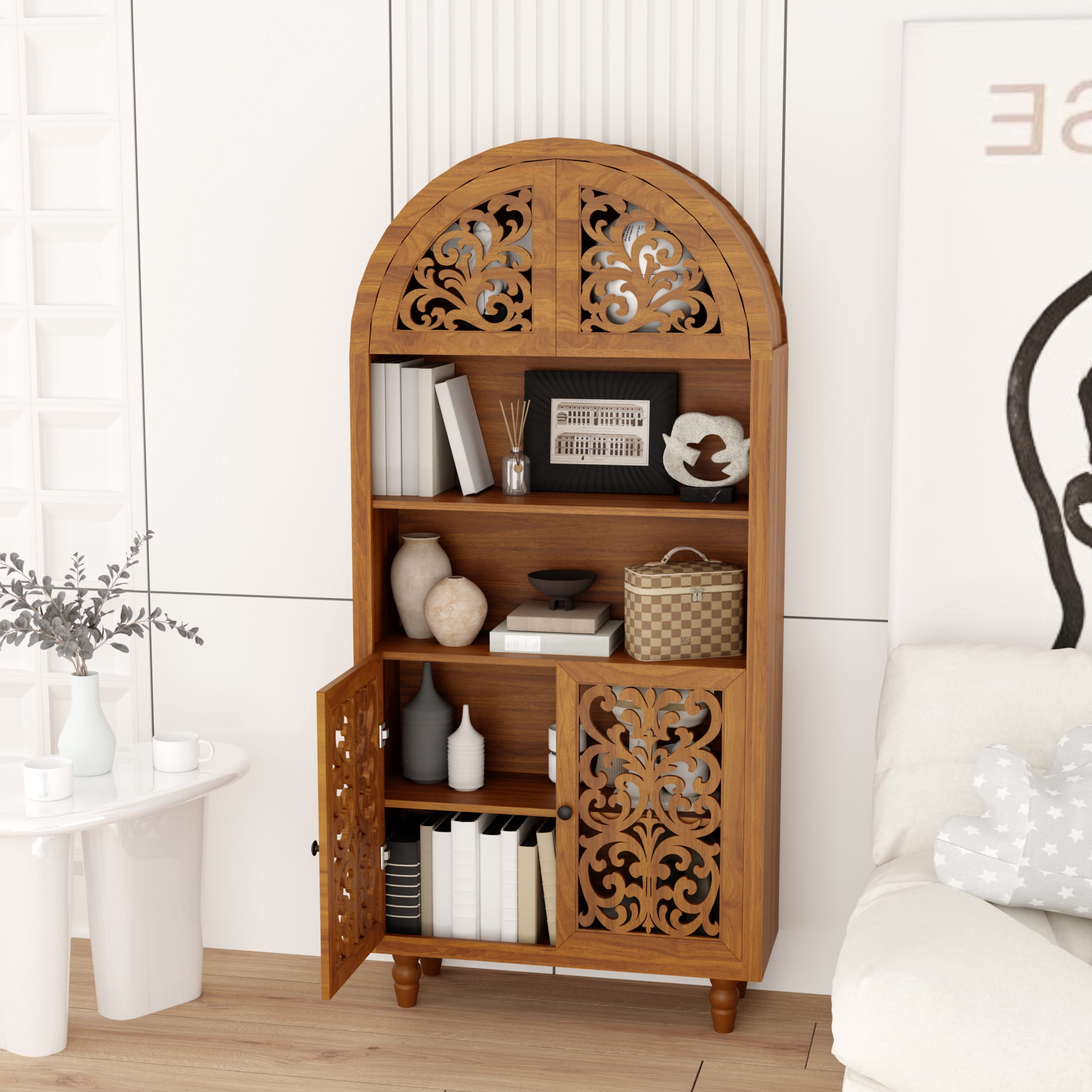 Noble House 67" Vintage Arched Storage Cabinet with Open Shelves, Carved Wood Bookcase, Walnut