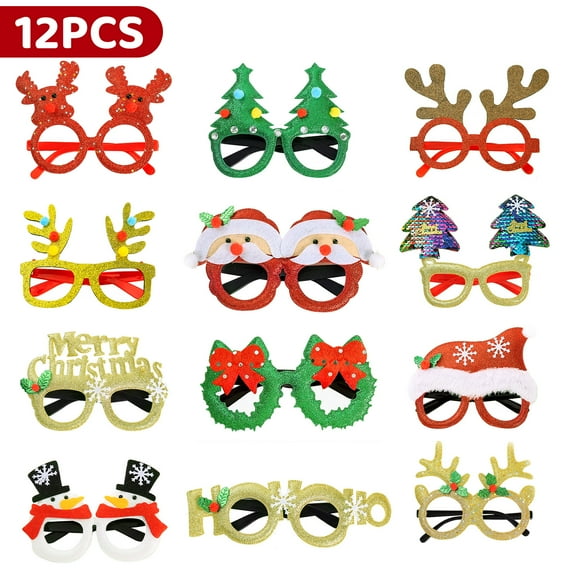 Amaopus 12 Pcs Christmas Party Glasses, Christmas Glasses Glitter, Holiday Party Glasses Frames, Christmas Decoration Accessories Costume Eyeglasses for Christmas Parties Holiday Favors