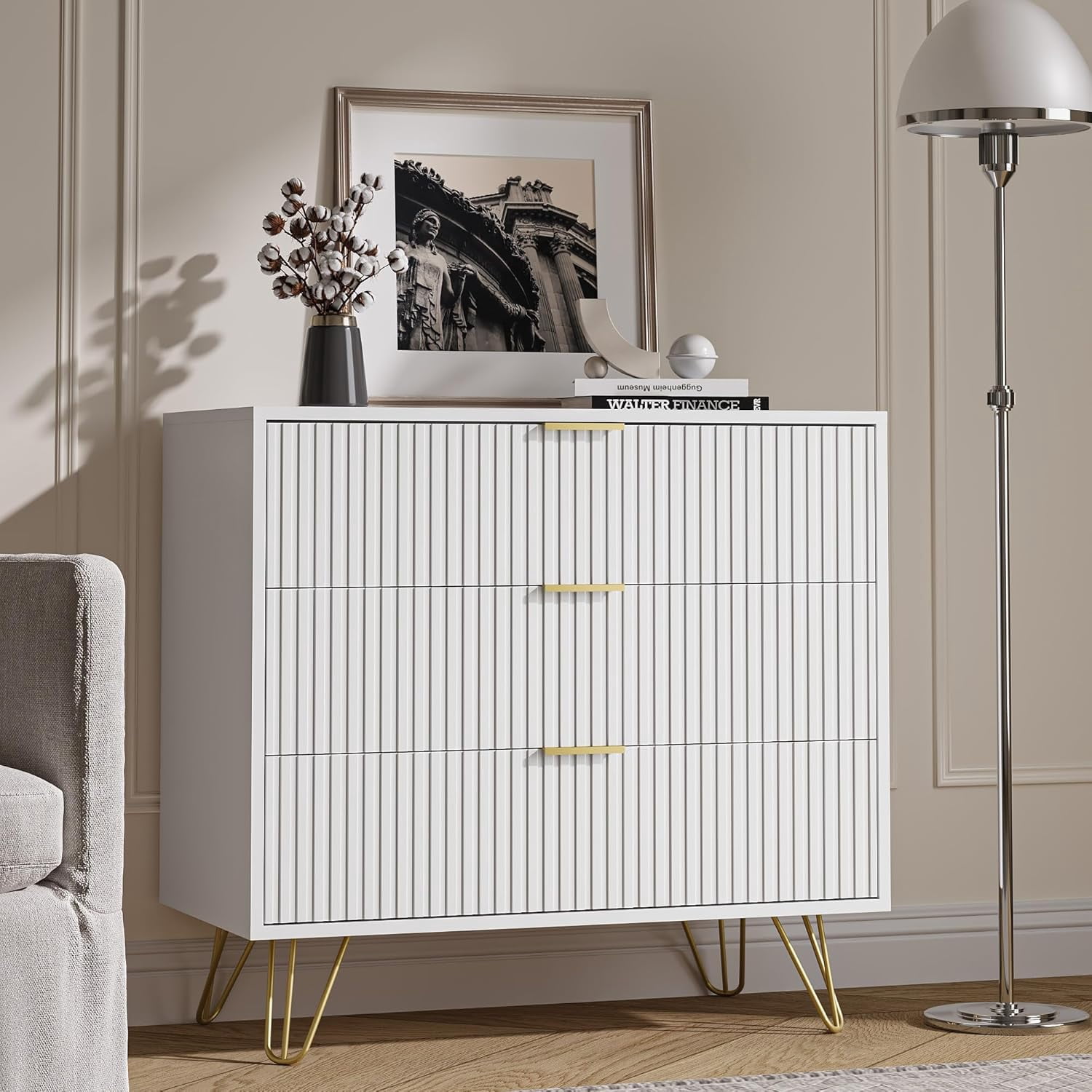 FURNIWAY White 3 Drawer Dresser for Bedroom, Modern Closet Dressers Chest of Drawers, Fluted Dresser Chest Cabinet with Gold Metal Handles, Nightstand for Bedroom, Living Room, Hallway, Entryway