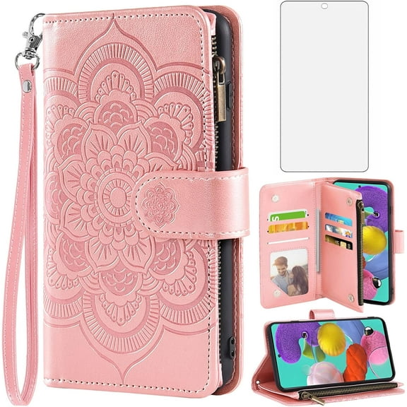 Compatible with Samsung Galaxy A51 4G Wallet Case and Tempered Glass Screen Protector Leather Flip Card Holder Stand Cell Phone Cover for Glaxay A 51 Gaxaly M40S 51A A515F S51 Women Rose Gold