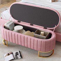 Gzxs Modern Velvet Upholstered Storage Ottoman in Pink, Oval Entryway Footrest Bedroom End of Bed Bench with Gold Metal Legs, for Living Room, Hallway