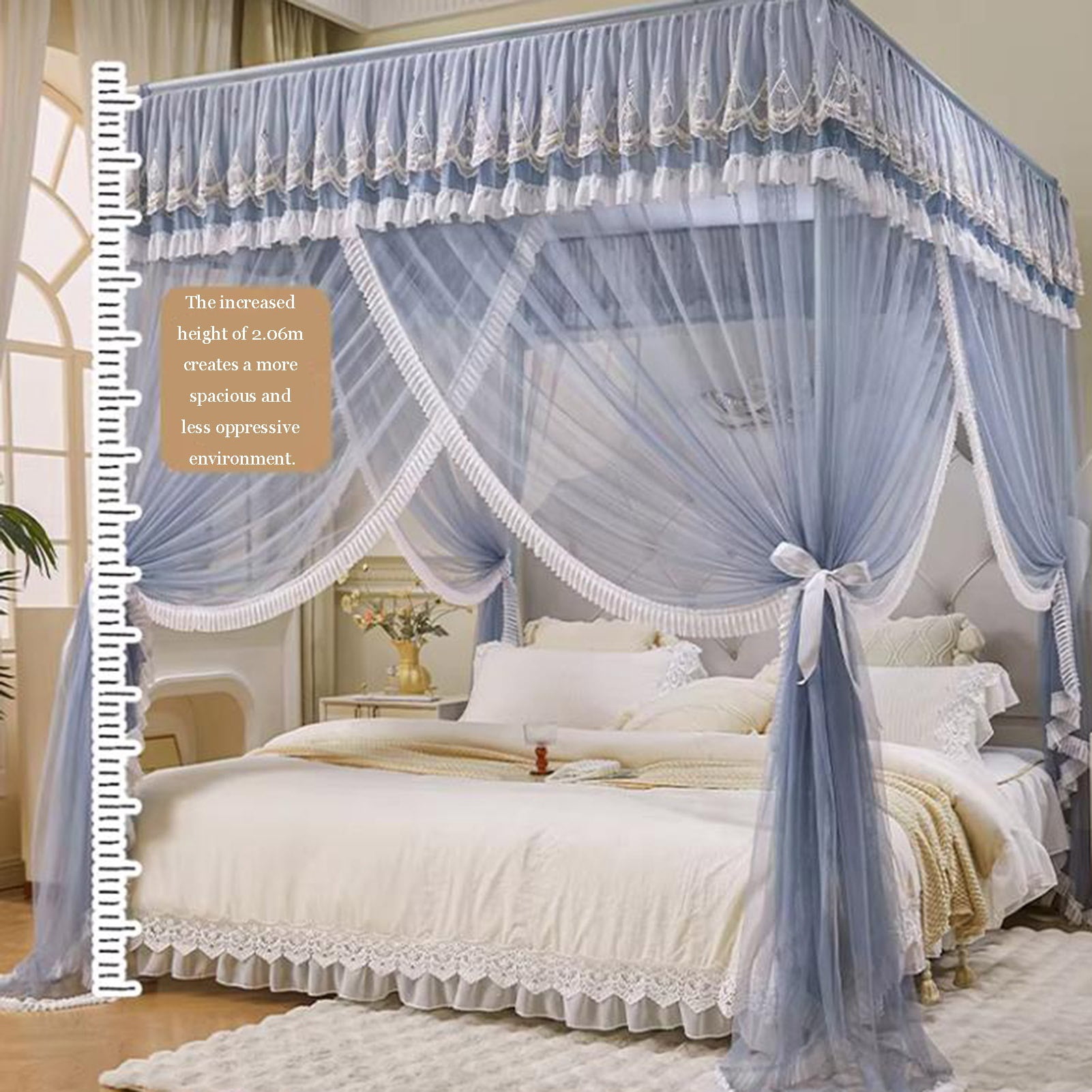Floor Standing Mosquito Net Bed Canopy,4 Corner Post Three-Door Bed Canopy, Cozy Breathable for Girls Adults Bedroom Decoration