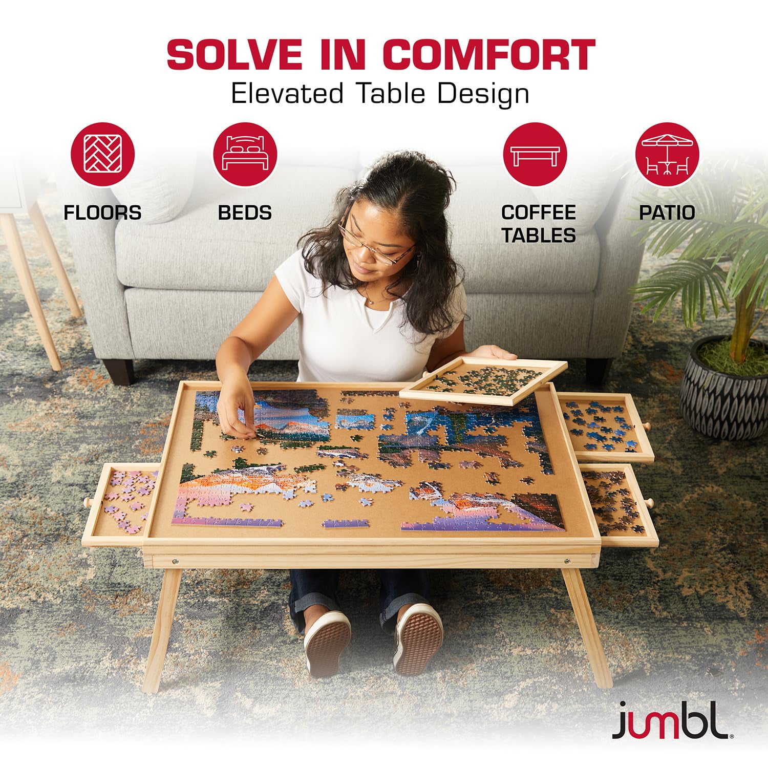 Jumbl 1000-Piece Puzzle Board with Drawers, Foldable Legs & Cover - Wooden Jigsaw Puzzle Table