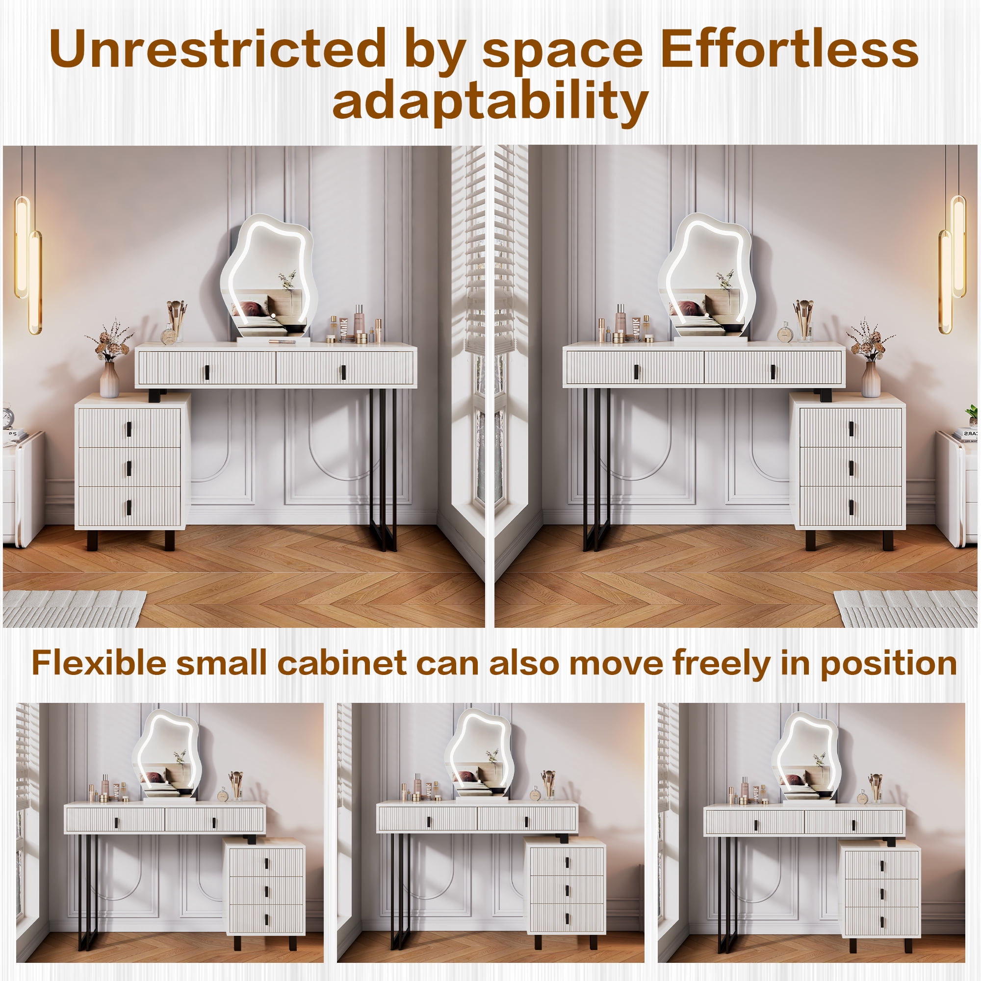 Mintazer Modern Vanity Desk with Cloud LED Mirror & Reversible Side Cabinet, Ribbed Texture Makeup Vanity Table with 5 Drawers & Gloss Top for Bedroom, White