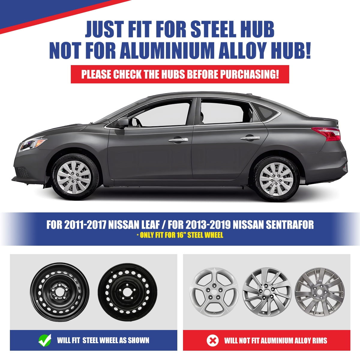 16 inch Set of 4 Hubcaps for Nissan Sentra 2013-2019,Wheel Rim Covers for Nissan Leaf 2011-2017,Snap on Installation,Chrome