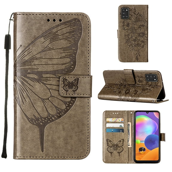 Galaxy A31 Phone Case, Dteck Embossed Butterfly Magnetic Flip PU Leather Wallet Foilo Case Stand Protective Cover with Hand Strap [Built-in card slots/money pocket] for Samsung Galaxy A31, Gray
