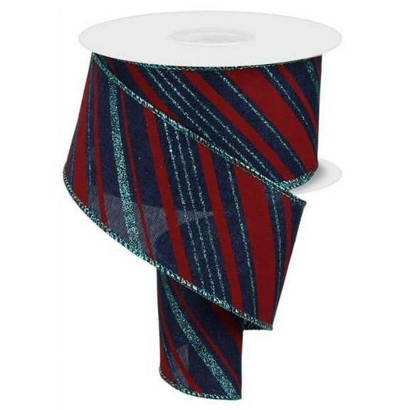 Peppermint Stripes Wired Edge Ribbon, Red Ice Blue 2.5 Inches x 10 Yards