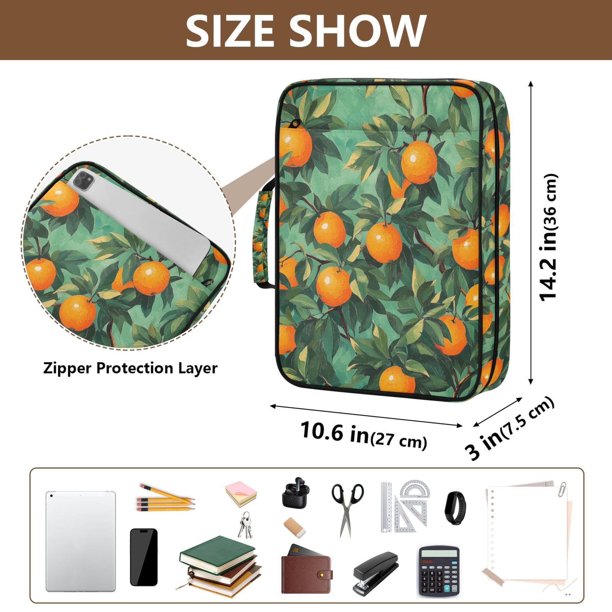 FORMRS Accordion File Folder A4 Size 7-Pocket Expanding Document Organizer Bag with 3 Ring Binder, Orange Tree Pattern