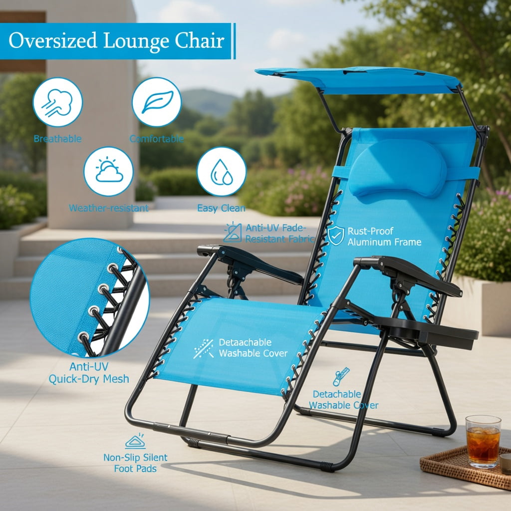 Hommoo Folding Recliner Lounge Chair with Adjustable Sun Shade Canopy, Removable Cup Holder & Headrest, Steel Frame, Turquoise