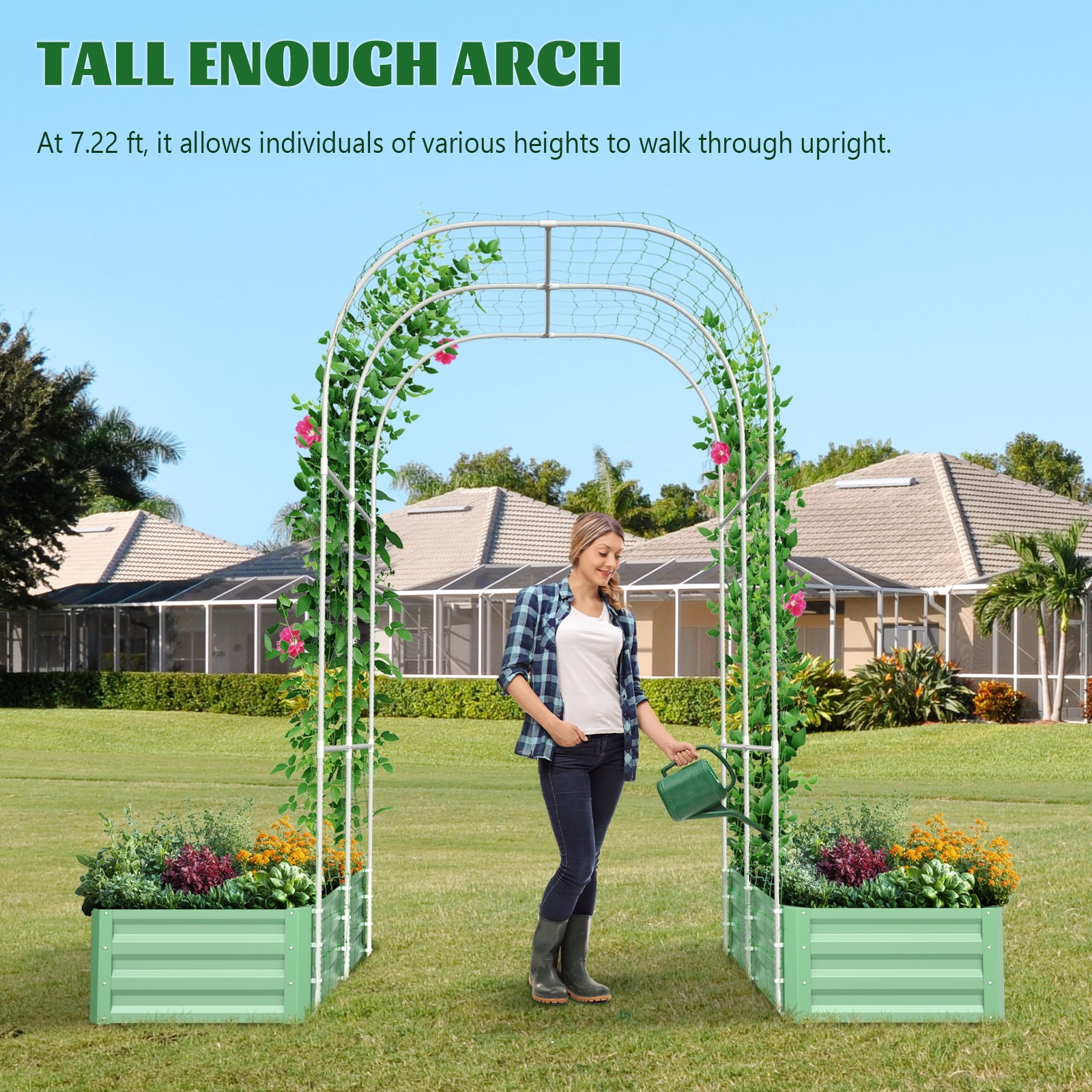 Slsy 3 in 1 Galvanized Raised Garden Bed with 85in Tall Arch Trellis for Climbing Vegetables Flowers Herbs, Metal Raised Garden Bed Kit with Trellis, Plant Ties, Climbing Supporting Netting