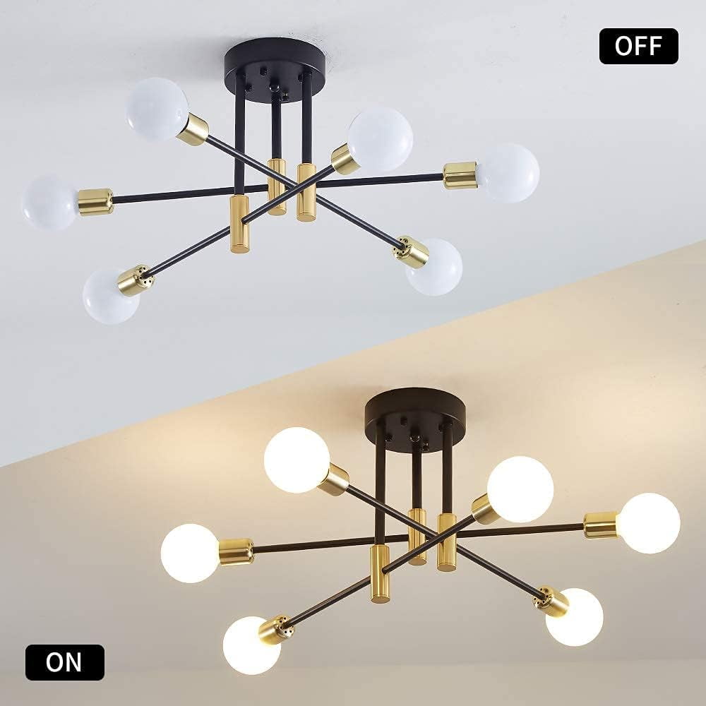 Neoglint 6-Lights Modern Mid Century Sputnik Chandelier, Semi Flush Mount Ceiling Light Fixture for Living Room Dining Room Kitchen Chandelier (Black Gold)