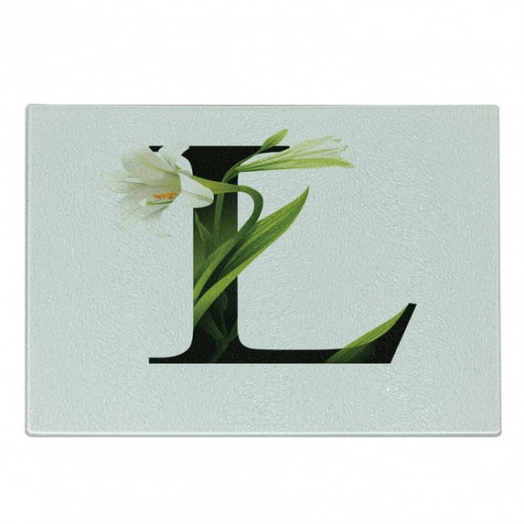 Letter L Cutting Board, Conceptual ABC Typography Capital L with Lily Flourish Floral Natural Grace, Decorative Tempered Glass Cutting and Serving Board, Small Size, Green White Black, by Ambesonne