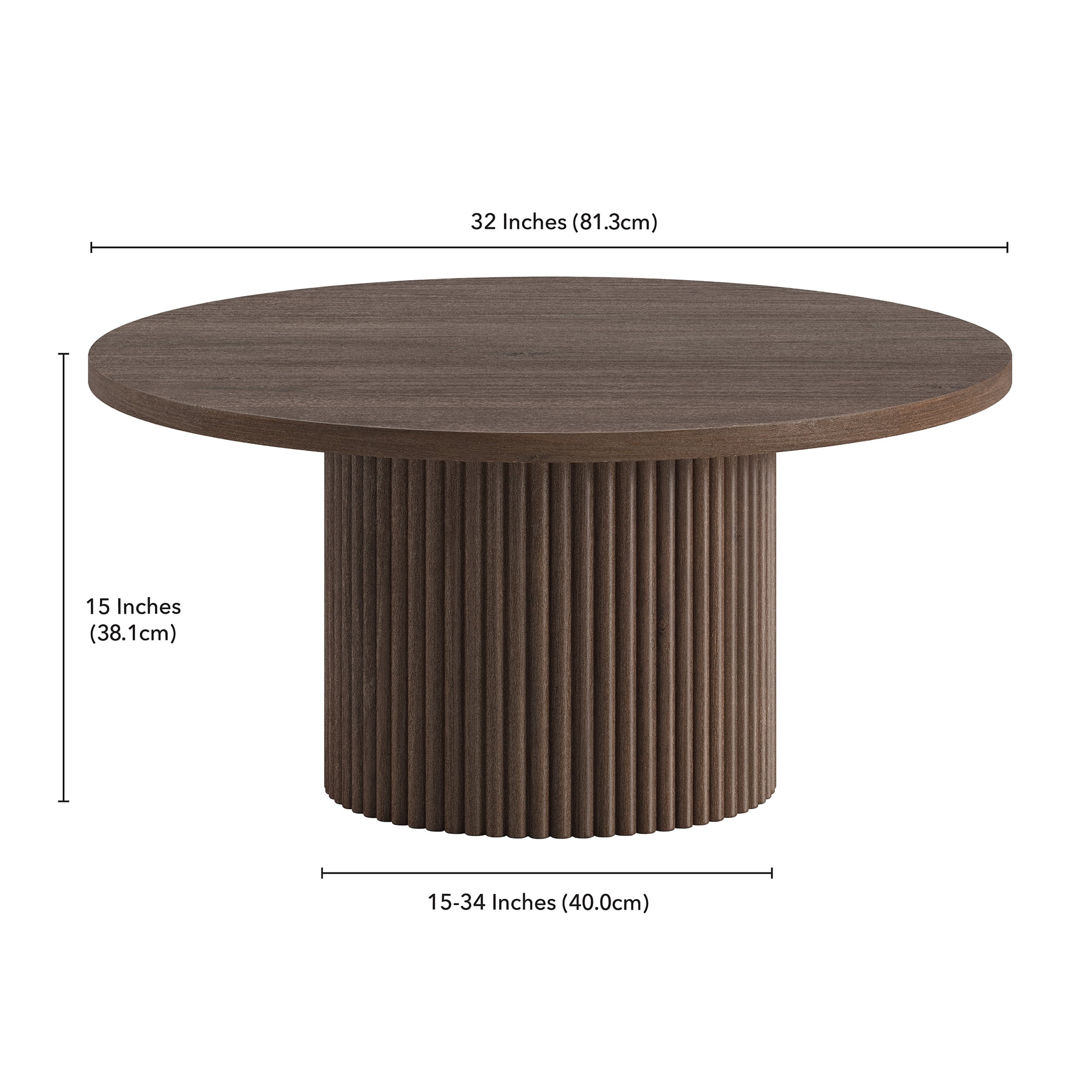 Rollan 32" Wide Round Fluted Coffee Table in Brown Oak