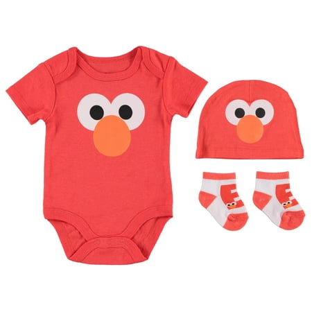 Happy Threads Sesame Street Elmo Baby Gift Set Baby Clothes Set 3-Piece Bodysuit Beanie Hat Socks Red 6-9 Months
