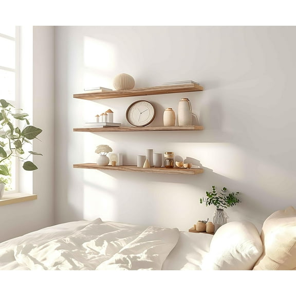 YANGLI Set of 4 Light Wood Floating Shelves - 48 Inch Extra Long Rustic Wall Shelf for Bedroom and Living Room
