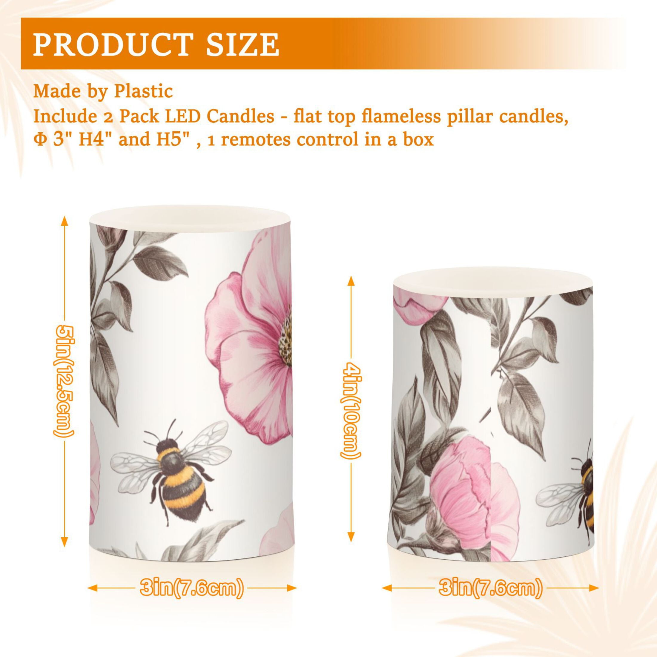 Vintage Style Bees Leaves Florals Flickering Flameless Candles LED Tealight Battery Operated with Remote Set of 2 Holiday Decor Ornaments