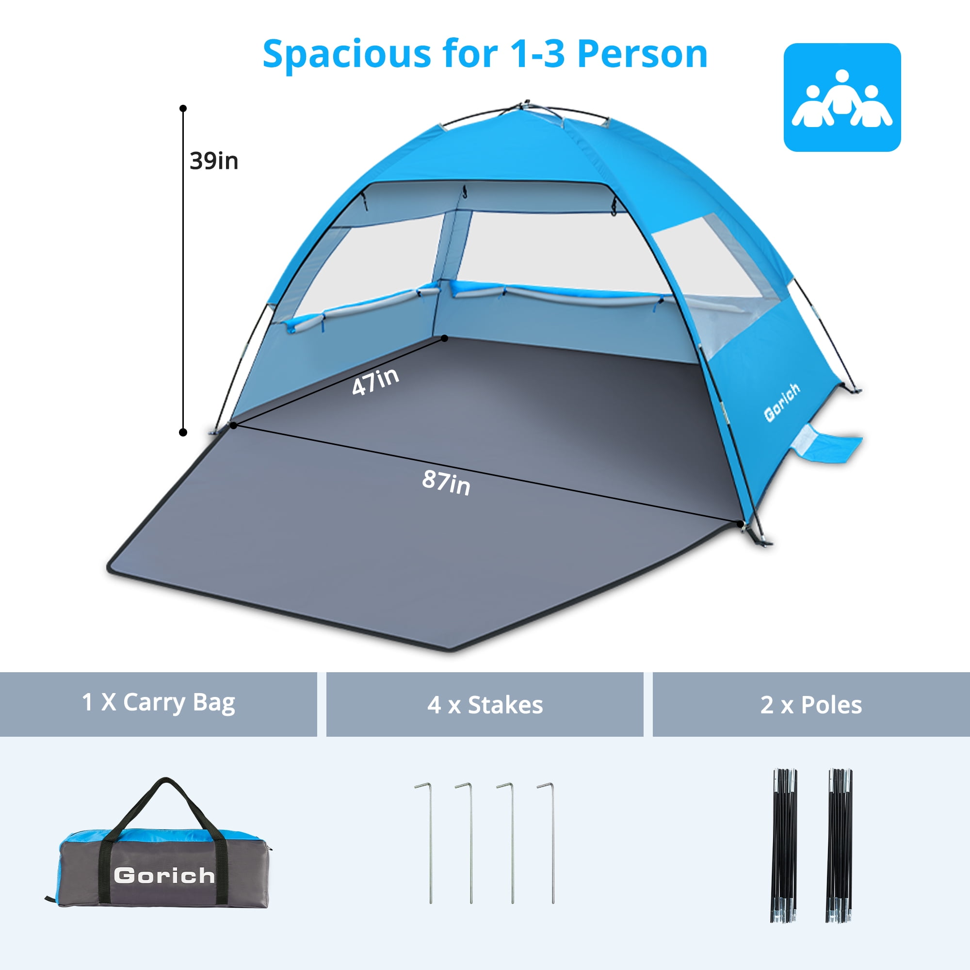 Gorich Beach Tent for 3/4/6/8 Person, UPF 50+ UV Protection, Portable Sun Shelter, Easy Setup Sun Shade Beach Canopy with Carry Bag