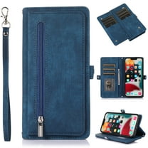 Zipper Wallet Case for iPhone 15 Plus, Crossbody Purse Case with Card Holder Lanyard Wrist Hand Strap, Premium PU Leather Flip Kickstand Shockproof Magnetic Buckle Cover, Blue