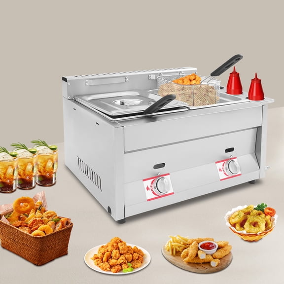 Gas Deep Fryer with Basket and Lid, Commercial Deep Fryer, Stainless Steel Commercial Dual Tank Kitchen Deep Fryer