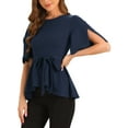 thumbnail image 4 of INSPIRE CHIC Women's Split Half Sleeve Crew Neck Belted Knot Drap Casual Peplum Blouse, 4 of 4