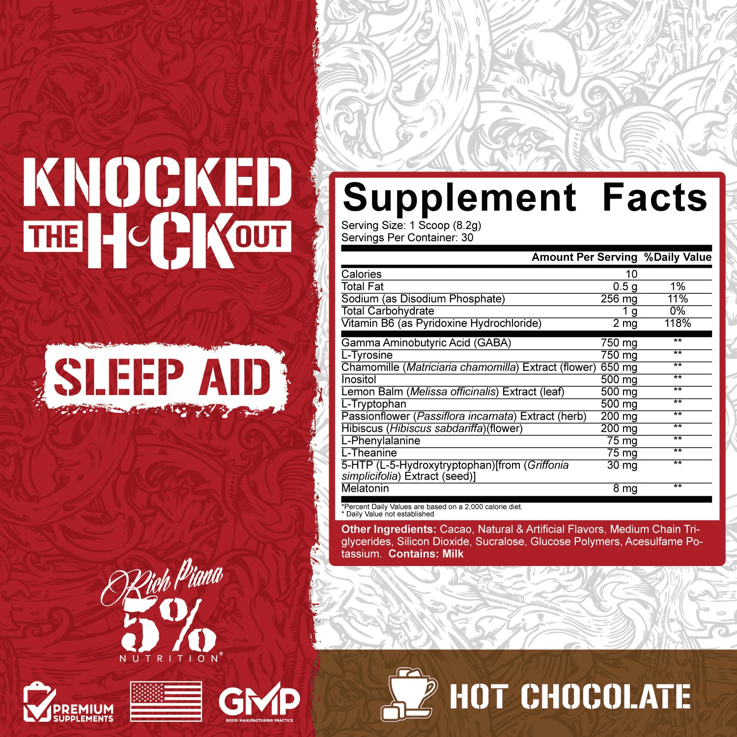 5% Nutrition Rich Piana Knocked Out Natural Sleep Supplement | Post-Workout Recovery & Deep Sleep Supplement | 7.2 oz, 30 Servings (Hot Chocolate)