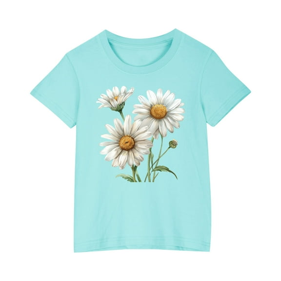 Hduncf Kids' Tees Crewneck Cotton Floral Print T-Shirts Boys Girls Short Sleeve Toddler Comfort Soft T-Shirt Top Blue 3 Years