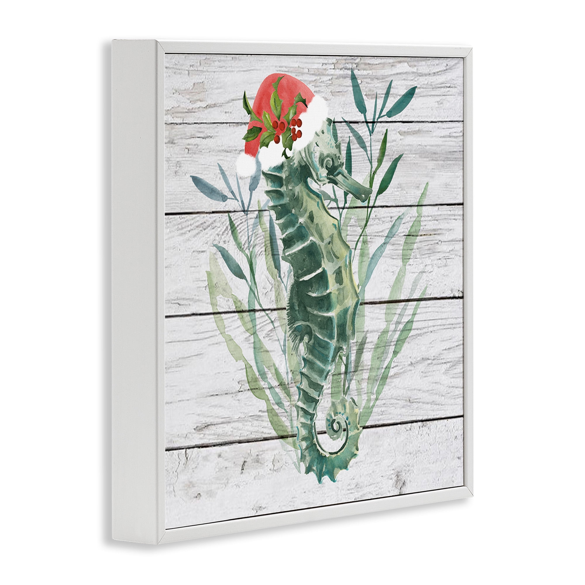 Stupell Industries Christmas Seahorse with Santa Hat Nature Painting White Framed Art Print Wall Art, 24 x 24