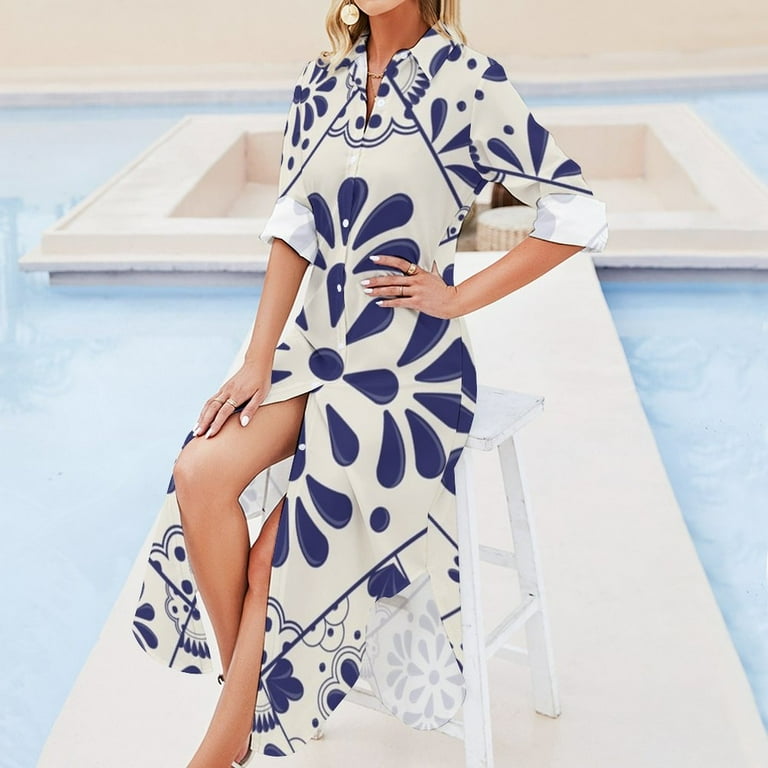 Mexican Talavera style Long Sleeved Shirt Dress birthday dress for women  Elegant gowns summer woman dress 2024 - Walmart.com