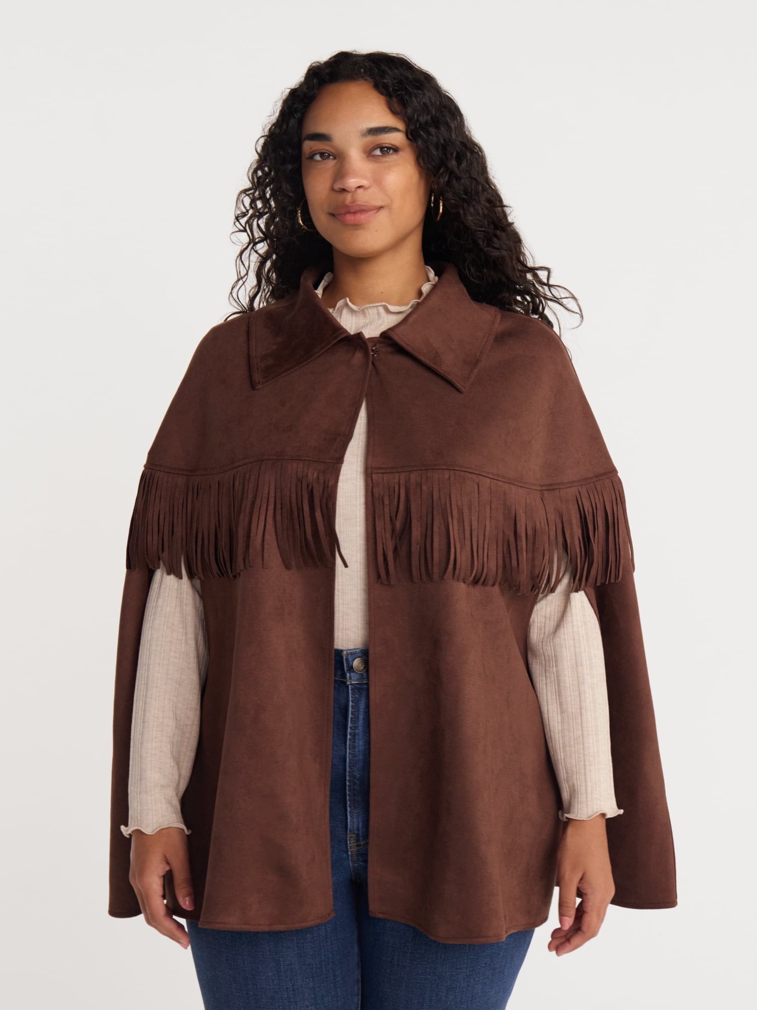 Scenario Women's Faux Suede Fringe Cape, Midweight, Sizes S-3XL