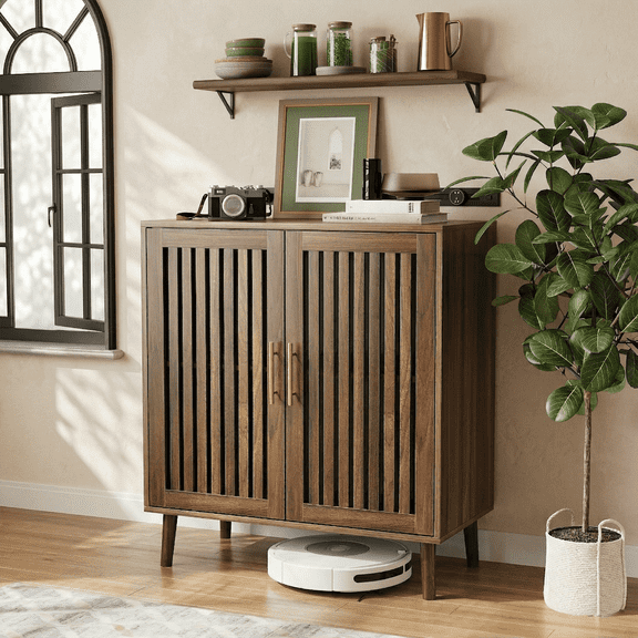 Semiocthome Buffet Cabinet with Storage, 35" Tall Sideboard with 4 Slatted Doors and Adjustable Shelf, Coffee Bar for Dining Room, Kitchen, Walnut