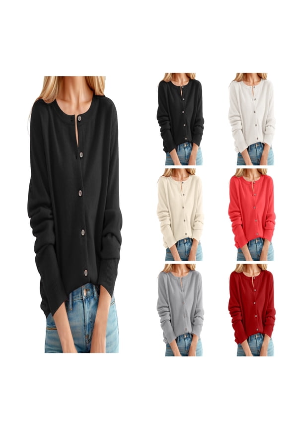 Cardigans for Women Trendy Caual Classic Crew Neck Buttons Solid Front Open Coat Long Sleeve Fall Winter Loose Womens Cardigan Sweaters Black M