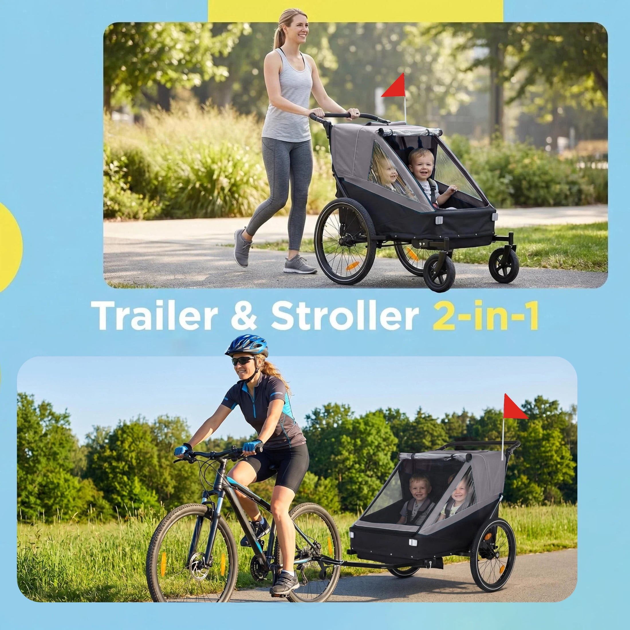 Noble House 2-in-1 Kids Bike Trailer & Jogging Stroller for 1 to 2 Children, Foldable Compact Storage Bags, Gray