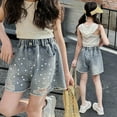 thumbnail image 2 of Tfken Summer Girls Shorts Elastic Waist Ripped Denim Shorts With Pockets And Rhinestone Trendy Daily Wear Teen Soft Clothes Blue Size 5-6 Years, 2 of 8