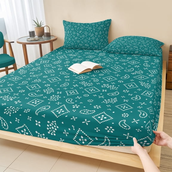 Queen Size Fitted Sheet Set - Southwestern 3 Piece Bedding Sets 16" Deep Pocket Fitted Sheet with 2 Pillowcases, Teal Green Paisley Print Vintage Rustic Brushed Microfiber Hotel Luxury Bed Sheets