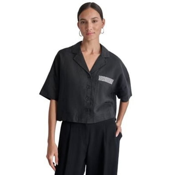DKNY Womens Linen Studded Camp Shi Black M
