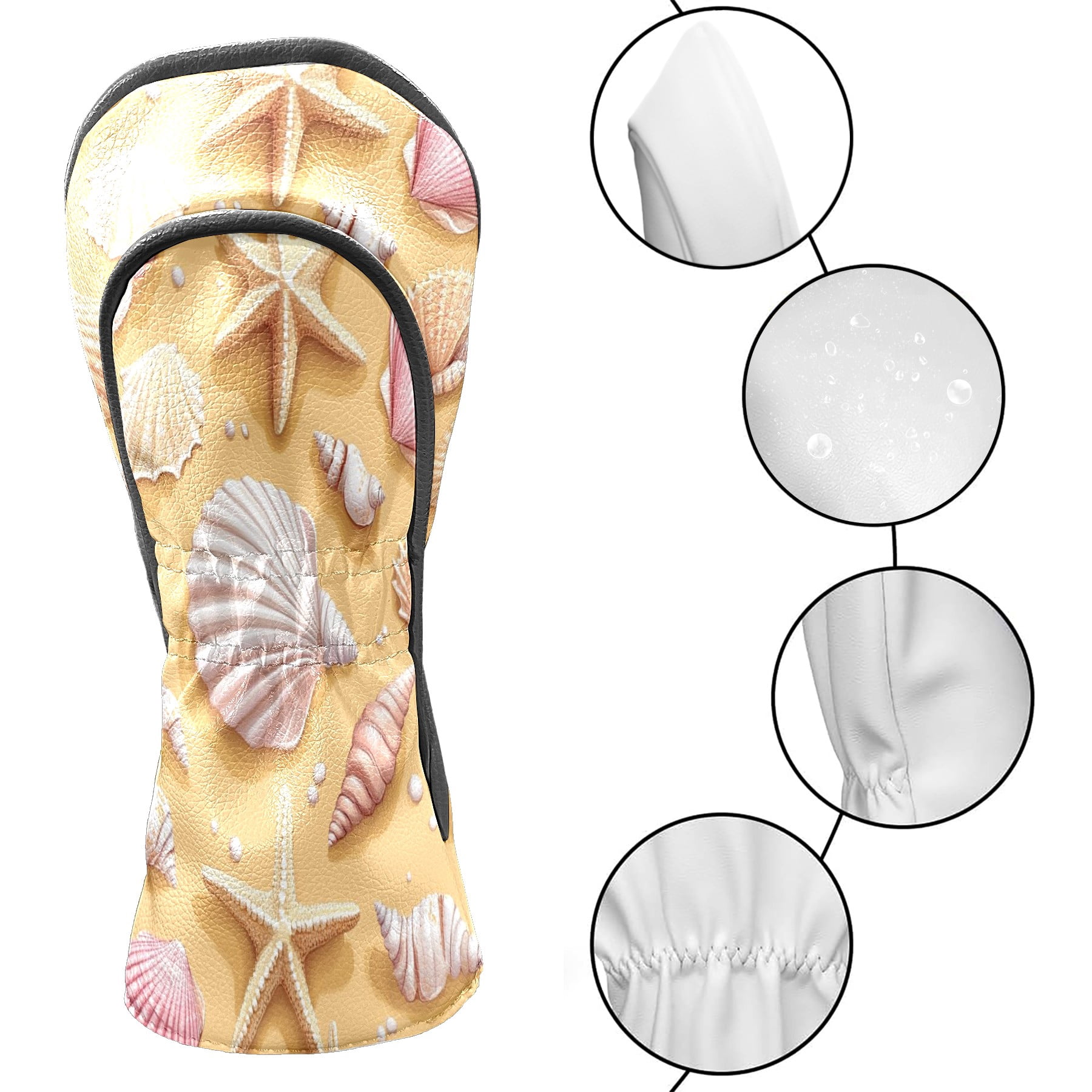 Golf Head Covers Nautical Shell & Starfish Pattern for Driver, Wood & Hybrid, Premium Waterproof PU Leather with Plush Lining, Unique Golf Gifts
