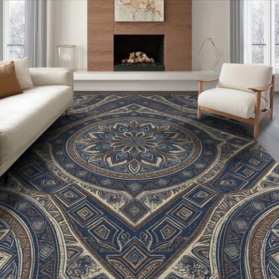 ODIKA 8'x10' Washable Area Rug Academia Style Muted Earthy Palette Balanced Design Floor Covering for Dining Room, Large Office, Lounge, Non-Slip Chair-Friendly Mat