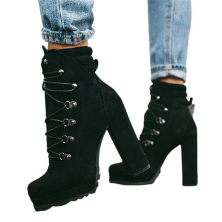 

Women\ s Suede Boots with High and Thick Heel Fashion Boots Lace Up Non-slip Shoes