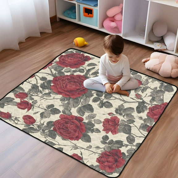 WOBOGO Red Rose Baby Playmats Extra Large Waterproof Rollable Activity Pads for Toddlers 50×50inch