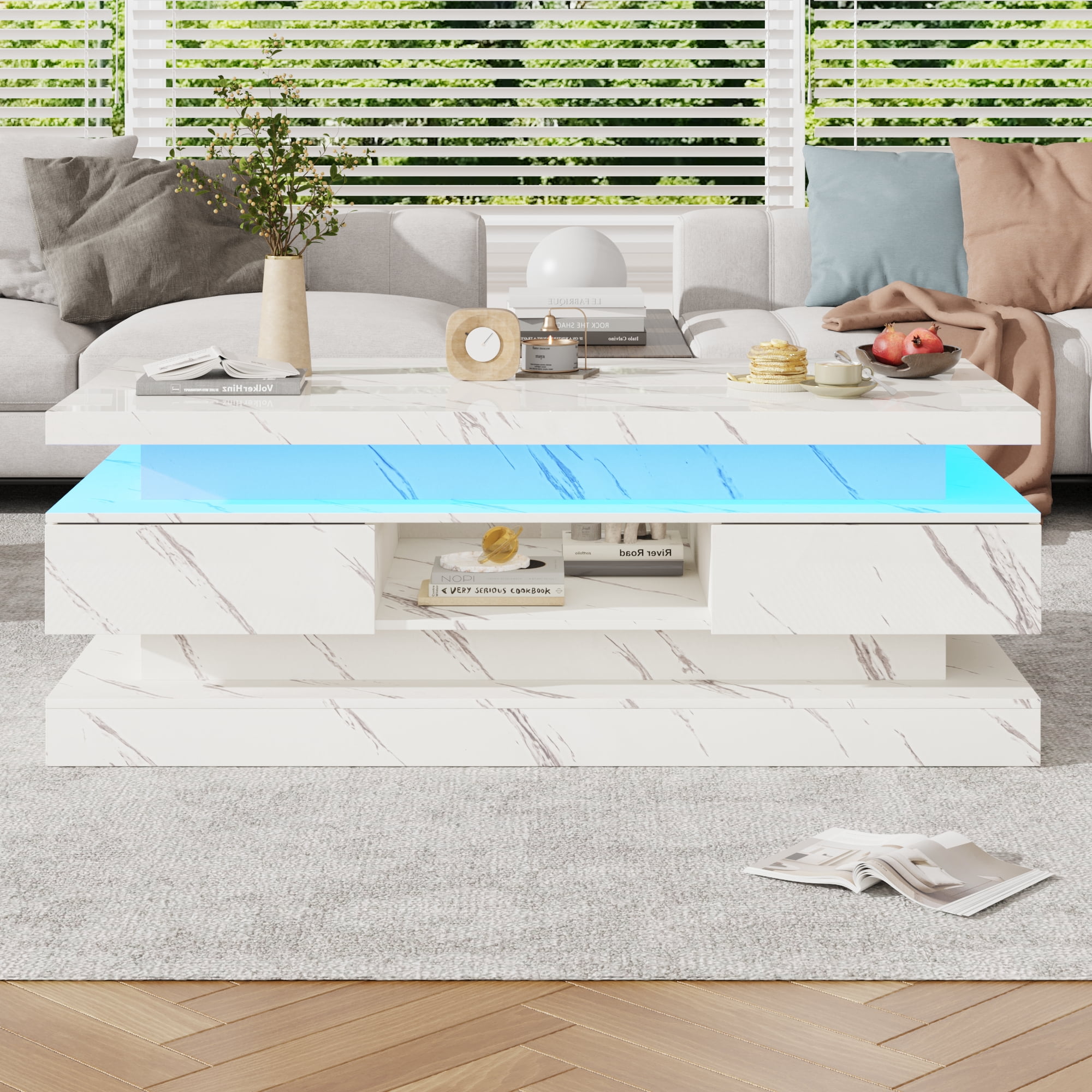 ChVans 47'' LED Coffee Table with 2 Storage Drawers, Modern High Gloss Black Coffee Table with Marbling Print, 3-Tier Rectangle Center Table for Living Room, APP Control