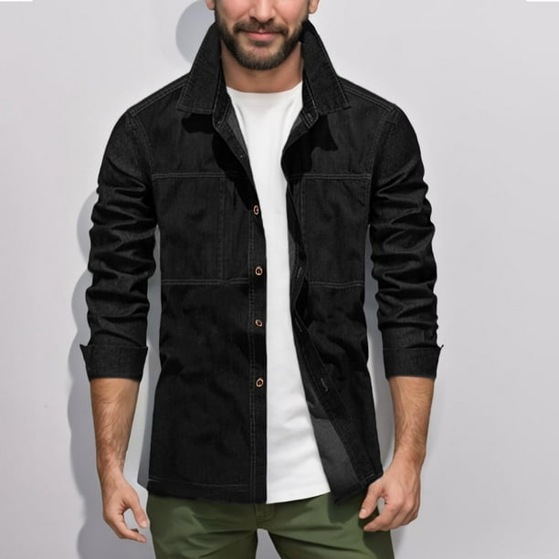 pstuiky Camisas casuales de manga larga para hombre, Camiseta lisa de manga larga con cuello vuelto para hombre, informal, elegante, cómoda, con bolsillos, botones y cremallera. l