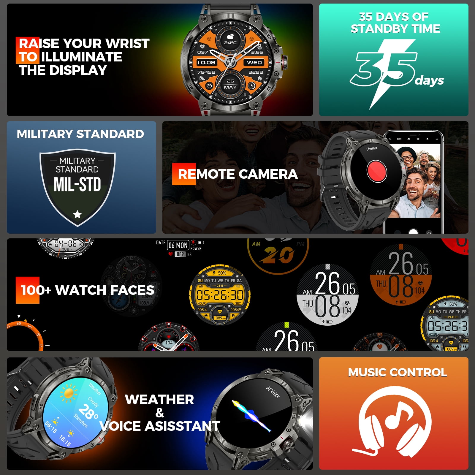 PAKRYS KC89 1.85'' HD 760mAh Battery Smart Watch for Men with LED Flashlight 100+ Sports Modes Fitness Tracker Smartwatches for iOS Android, 1pc