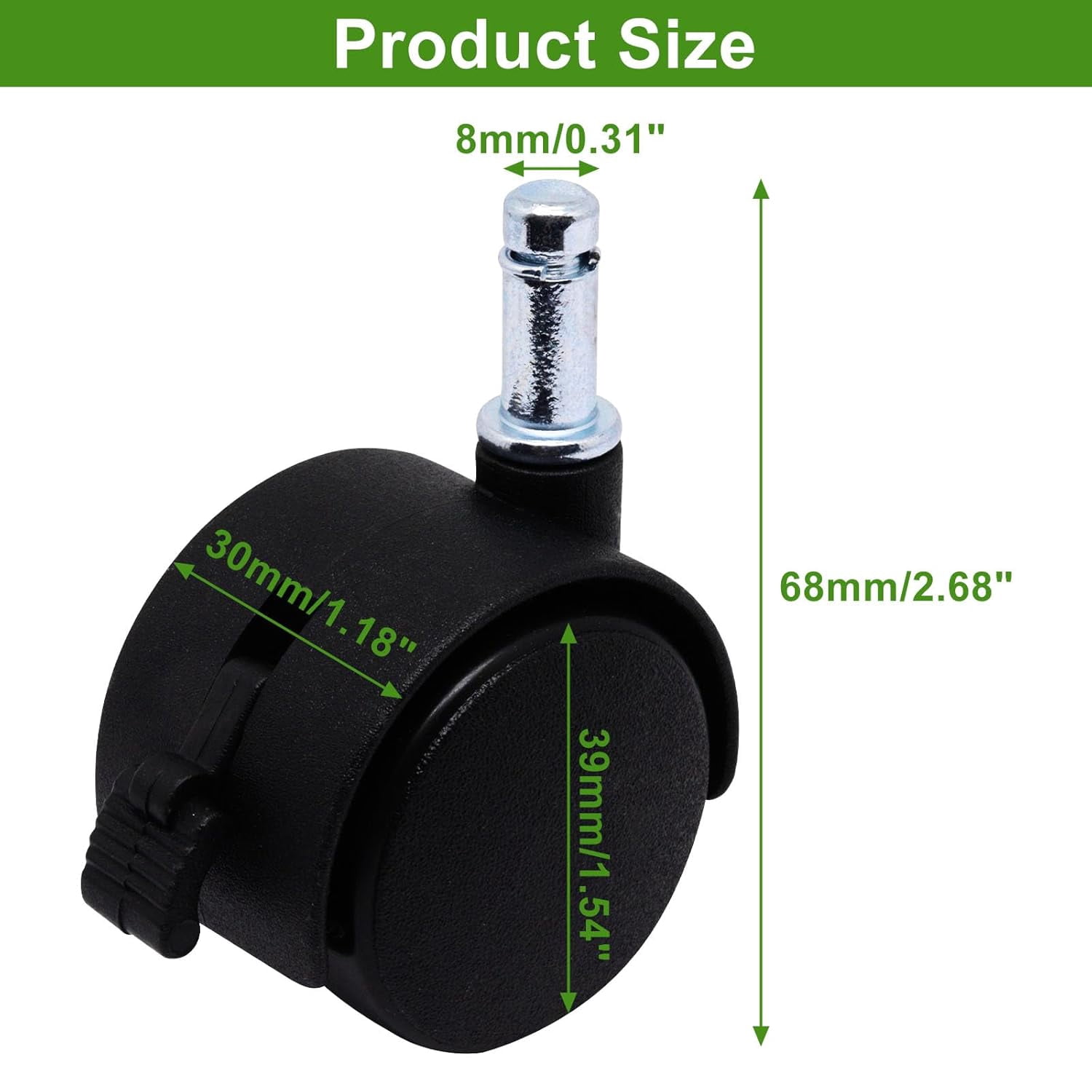 FRKSMD-1.5 Inch Swivel Caster Wheels with Brake, M8 Circlip Swivel Casters Set of 4, Black Nylon Replacement Casters Wheels for Furniture Table Cabinet Office Chair