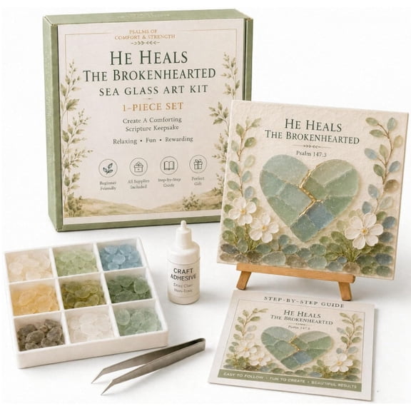 Beginner Christian Sea Glass Art Kit, Psalms of Comfort and Strength DIY Bible Verse Craft with Guided Design, Relaxing Religious Art Project for Adults and Women