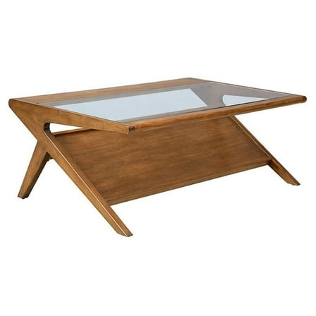 Pemberly Row Rectangular Solid Wood and Glass Coffee Table in Brown