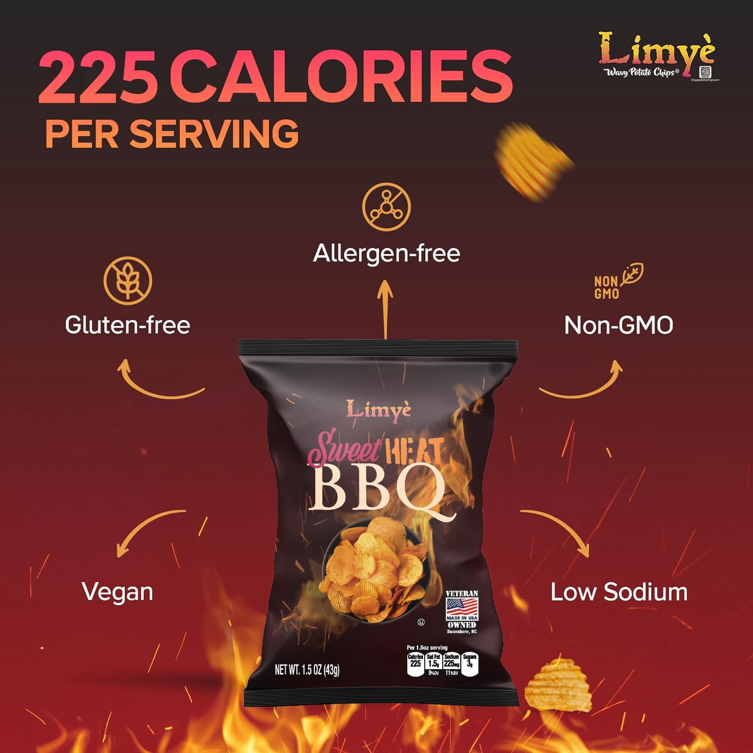 Limyè Sweet Heat BBQ Flavored Potato Chips - Certified Kosher & Allergen-Free - Vegan potato chips, Sweet Heat BBQ Flavor, 1.5 oz, Pack of 24