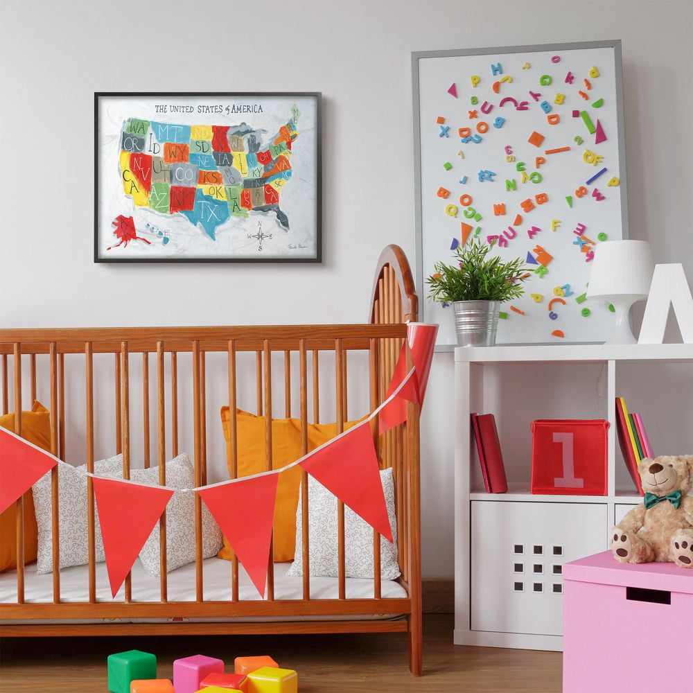 The Kids Room by Stupell Colorful World Map of USA Kids Nursery Painting Framed Giclee Texturized Art by Farida Zaman