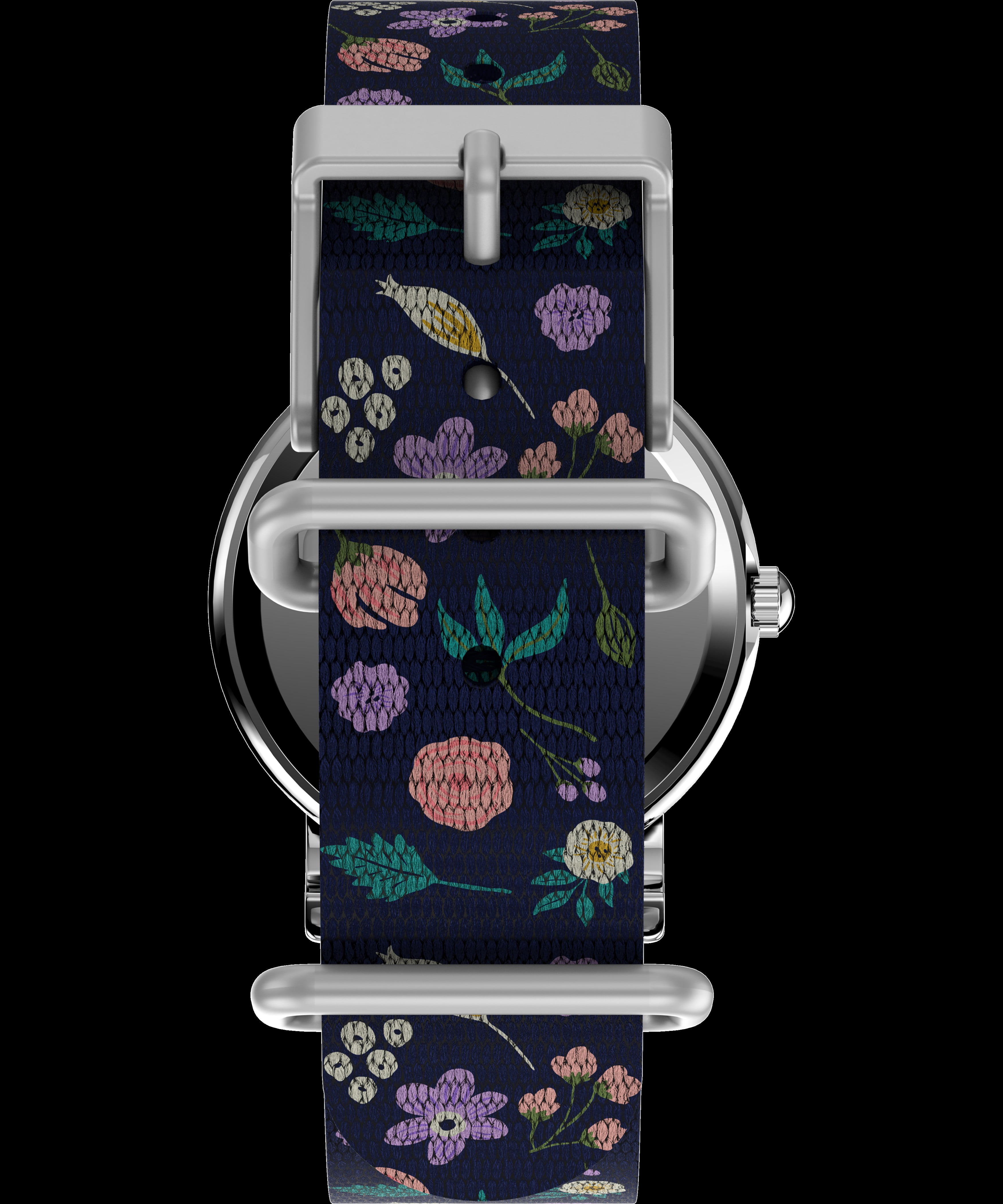 Timex x Peanuts Women's Weekender 31mm Watch – Snoopy Silver-Tone Case White Dial with Blue Floral Fabric Slip-Thru Strap