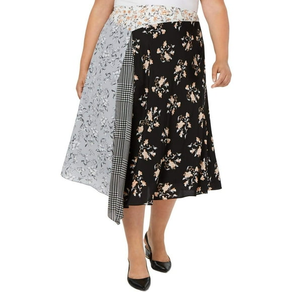 Calvin Klein Womens Plus Asymmetric Printed Midi Skirt Black 14W